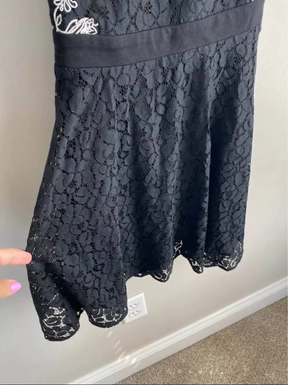 New Gentle Fawn Black Lace Fit-and-Flare Dress with White Embroidery